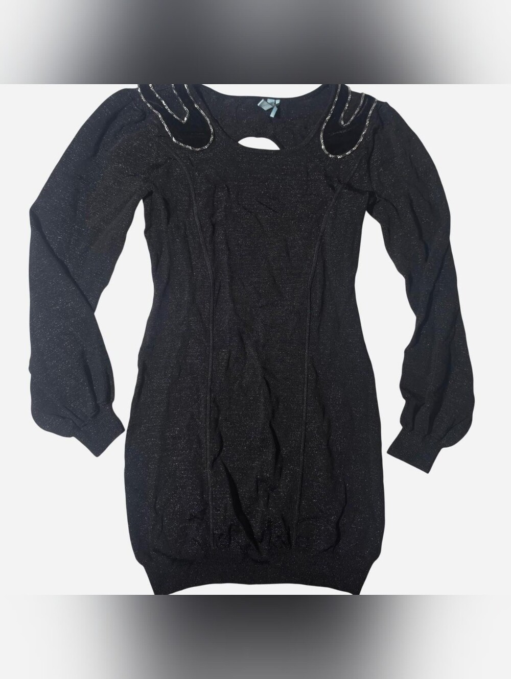 Vintage Y2K GUESS Marciano Black Shimmer Sweater Mini Dress Velvet Bow Back